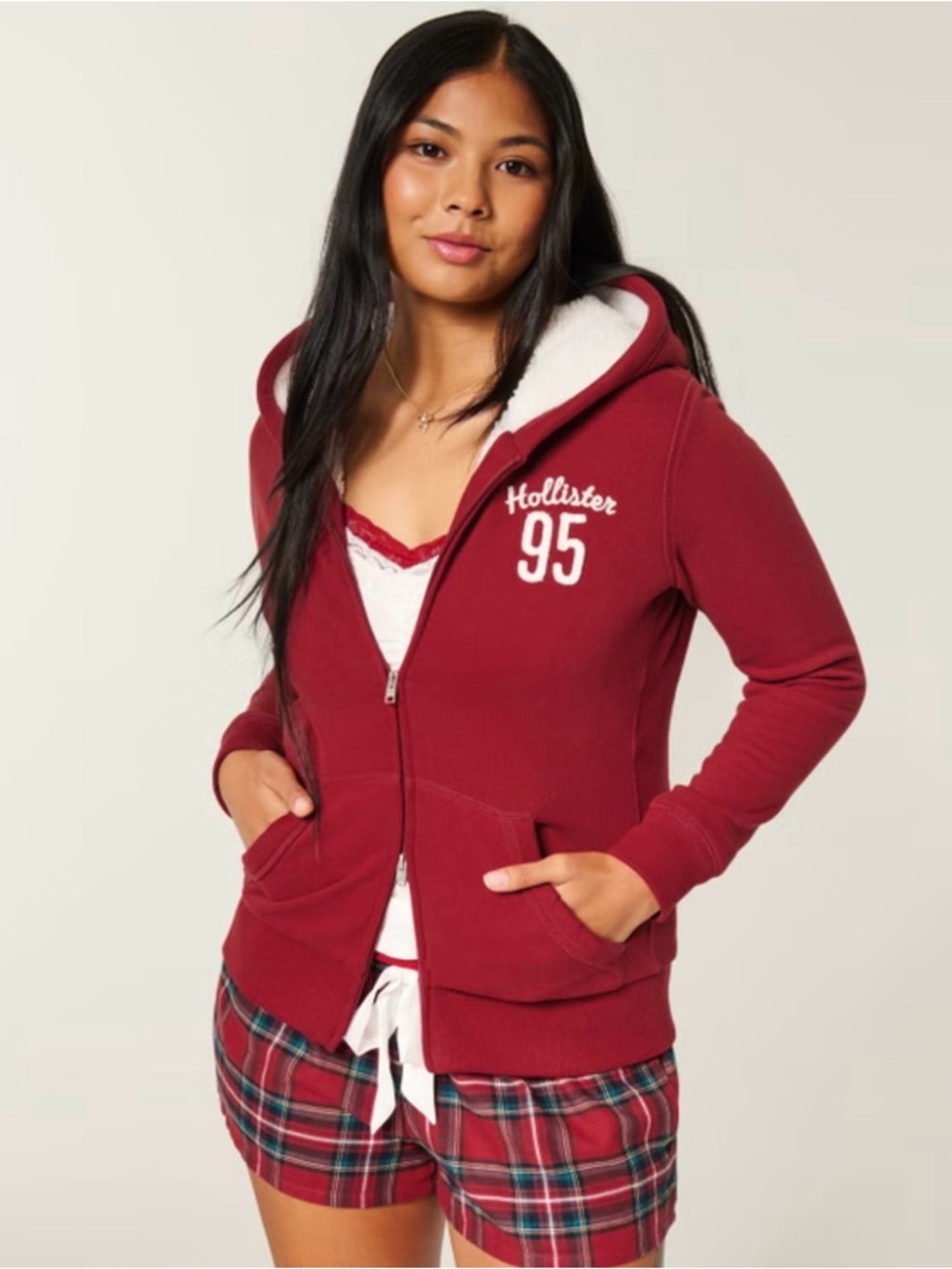 Hollister Feel Good Sherpa-Lined Zip Up Logo Graphic Hoodie- Deep Red - Size XS